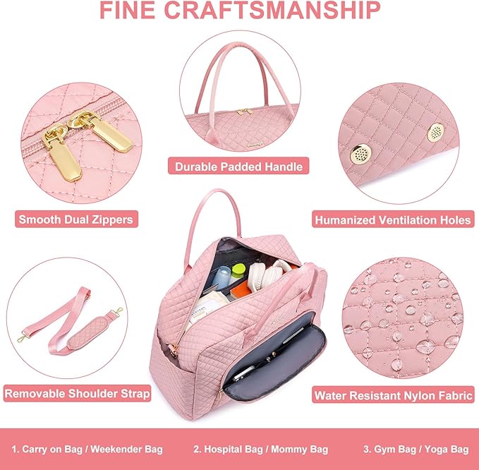 Travel Duffle Weekender Bags for Women - Weekend Bag Women with Shoe Compartment Carry On Overnight Bag with Toiletry Bag Duffel Bags Wet Pocket for Gym Hospital Bags for Labor and Delivery Pink