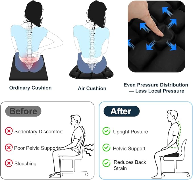 Inflatable Seat Cushion - Airplane Seat Cushion for Long Flights, Stable & Firm Support for Sports & Outdoors, Stadium Bleachers, Travel & Hard Dining Chairs