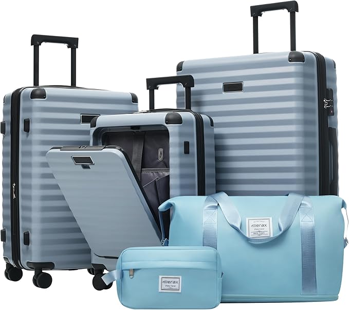 Merax Luggage Sets 5 Piece,Front Open Hardshell Expandable Suitcase with Spinner Wheels and Duffel Bags,Lightweight Carry on Luggage with USB Port and Cup Holder,20/24/28IN,Sky Blue
