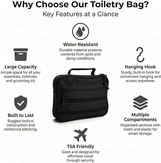 Mens Toiletry Travel Bag, Tactical Toiletry Bag for Men, Bathroom Hanging Travel Toiletry Bag for Men Shaving Hygiene Bag Travel Toiletry Organizer Short Trips Bag, Black