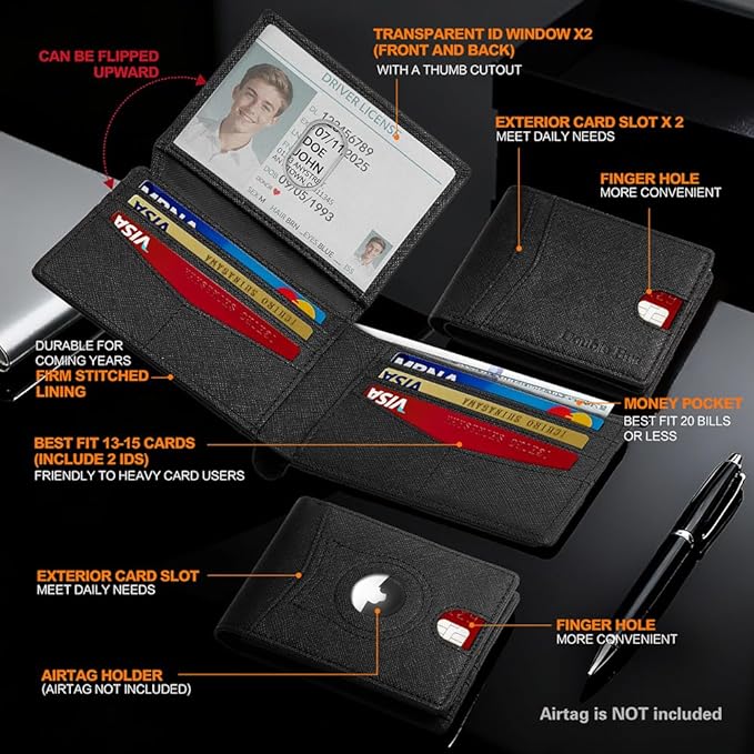 Wallet for Men Slim RFID Blocking Bifold,Minimalist Wallet Small Compact Front Pocket Credit Card Holder,Thin Mens Leather Wallets Smart Security With 2 ID Windows 1 Cash,Birthday Gifts for Men