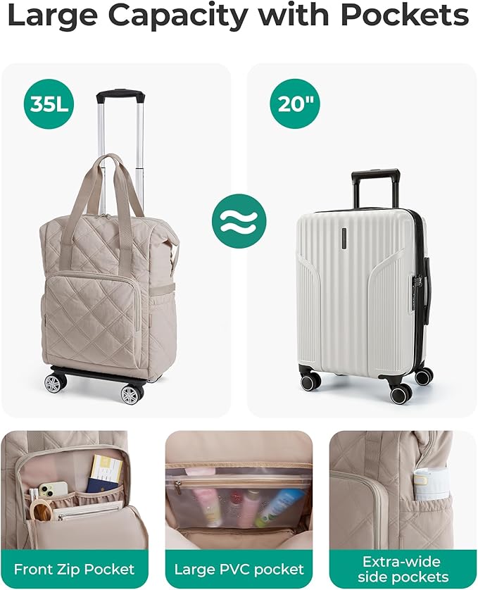 BAGSMART Rolling Duffle Bag with Wheels, 35L Carry on Travel Bag with Detachable Wheels, PVC Wet Pocket Duffel bag with Wheels, Camel