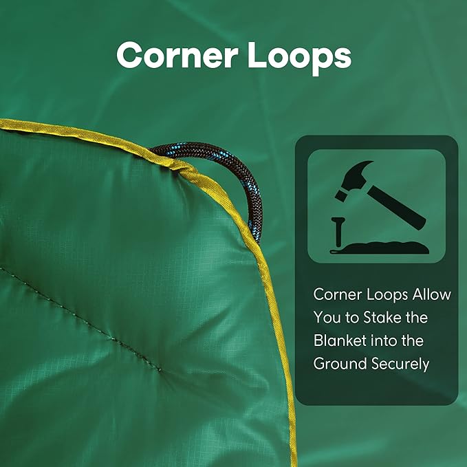UNIKOME Waterproof Puffy Camping Blanket - Lightweight Packable Outdoor Quilt with Corner Loops, Warm Compact Blanket for Cold Weather Hiking Picnic Stadium Travel, 75"×52", Green