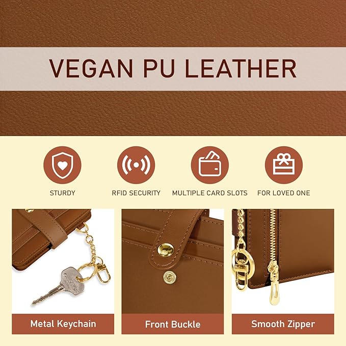 Jogjam Caramel Rfid Ladies Wallet, Small Slim Thin Compact Credit Card Women Wallet, PU Leather Bifold Cash Zipper Coin Pocket ID Window for Female Gifts