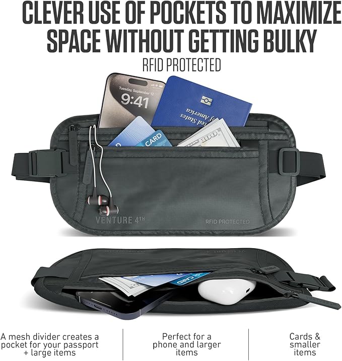 VENTURE 4TH Money Belt for Travel – Hidden Under-Clothes RFID Blocking Passport Holder & Slim Travel Wallet Pouch for Men & Women to Protect Cash, Cards & Documents (Sleek Gray)