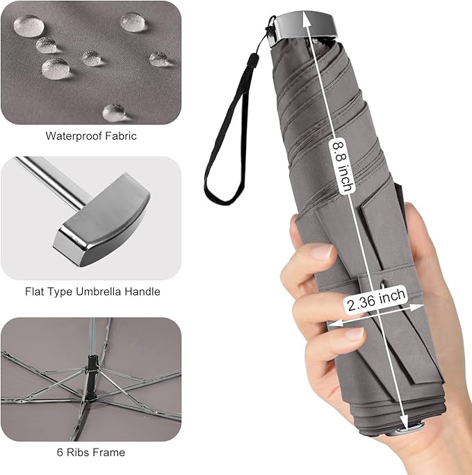 Lejorain Travel Mini Umbrella for Purse - Black Compact Durable Cool Teflon Light Weight Flat Backpacking Umbrella Portable Paraguas