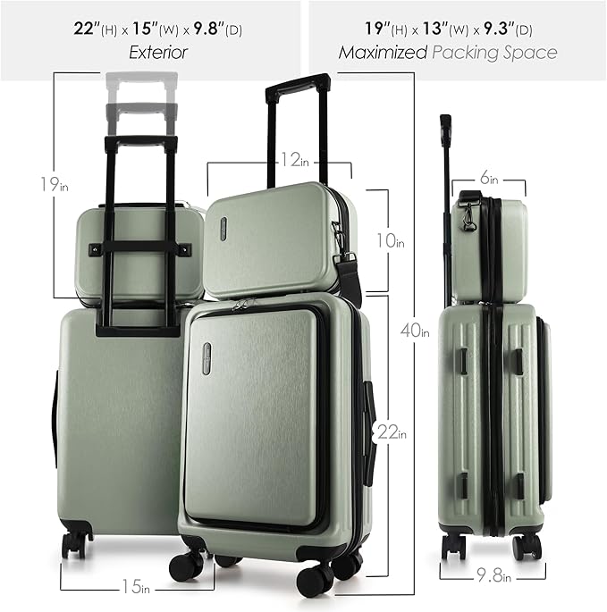 22 Inch Carry On Luggage 22x14x9 Airline Approved, Small Carry On Suitcase, Hard-shell Carry-on Luggage with Wheels, Durable Expandable Sage Green Luggage Carry-On with Cosmetic Case