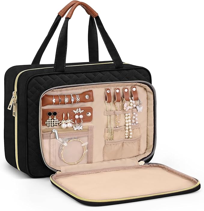 Wedama Toiletry Bag for Women, Hanging Travel Toiletry Bag with Jewelry Organizer Compartment Medium Makeup Bag, PVC Waterproof Cosmetic Travel Bag Trips Camping Bathroom, Black+Brown