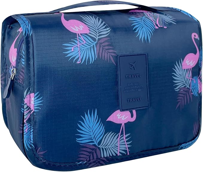 Large Capacity Toiletry Bag Travel Bag with Hanging Hook for Men and Women Waterproof Travel Cosmetic Bag Bathroom Storage Bag for Brushes Set,Full-Sized Shampoo,Accessories-Navy Flamingo