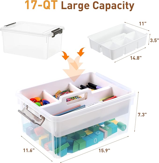 Citylife 17 QT Plastic Storage Bins Clear Storage Box with Removable Tray Stackable Latching Box with Handle for Oraganizing Tool, Craft, Office, Orange