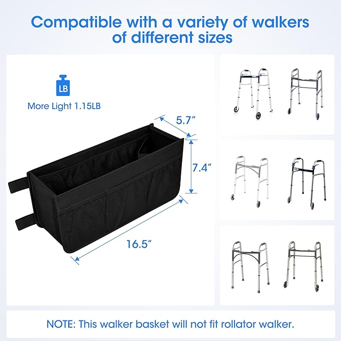 Dotday Upgraded Walker Basket with Cup Holder, Foldable Walker Bag with Large Capacity & Never Tipping Over- Not Fit for Rollator
