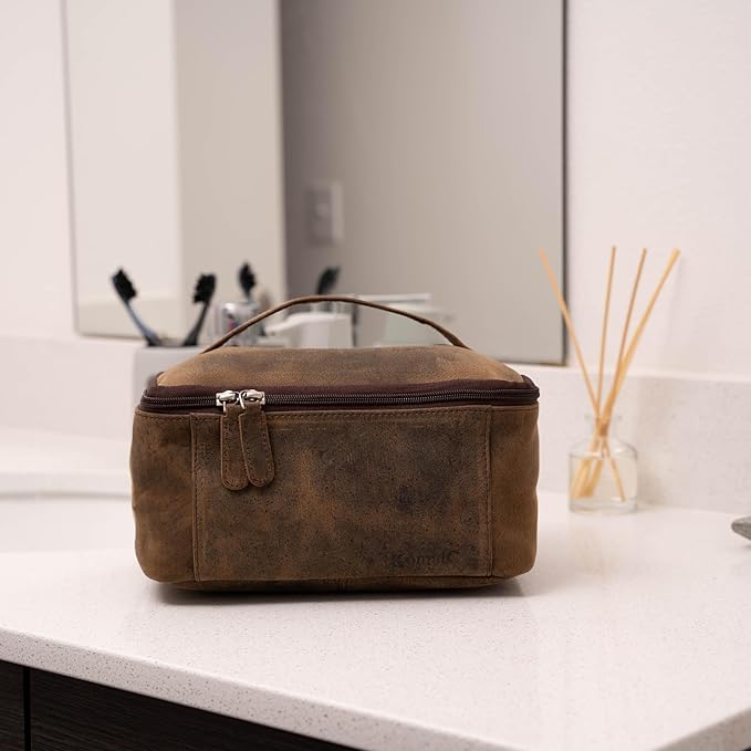 KomalC Leather Toiletry Bag For Men & Women, Handcrafted Travel Kit, Water-Resistant Shaving Bag For Men Travel, Premium Rustic Toiletry Pouch with Zipper Closure (1 Zip Hunter)
