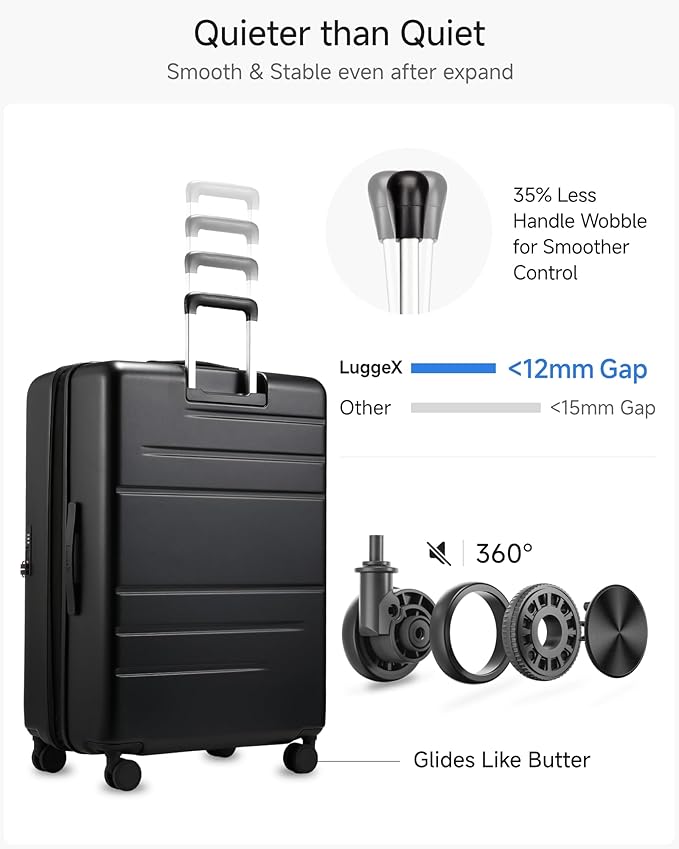 LUGGEX Checked Suitcase with Spinner Wheels and Travel Packing Cubes Bundle,FLO5 Top Opening Expandable Polycarbonate Hard Shell Suitcase (FX-Core, Black, 28 Inch)