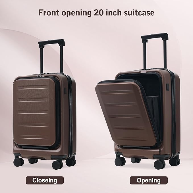 Merax Luggage Sets 5 Piece Front Open, Hardside 20" Carry On Suitcase Set with USB Port,Lightweight Expandable Travel 24" 28" Luggage with Bags TSA Locks Double Spinner Wheels,Brown