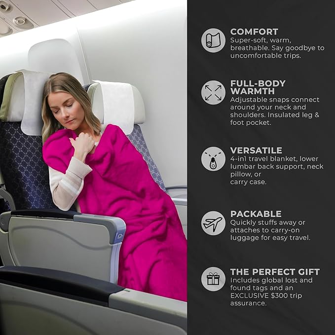 Zero Grid Lightweight Travel Blanket – Premium Compact Wearable Airplane Blanket with Neck Snaps, Cozy Foot Pockets, Zipper Pouch, converts to Soft Pillow for Ultimate Comfort - Hot Pink