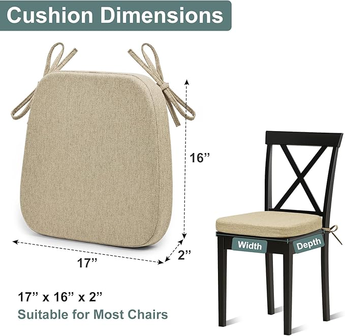 Shinnwa Dining Chair Cushions Set of 4, Patented Design Memory Foam Seat Cushions for Dining Chairs with Ties and Washable Cover, 4 Pack, 17" x 16" x 2", Natural Linen