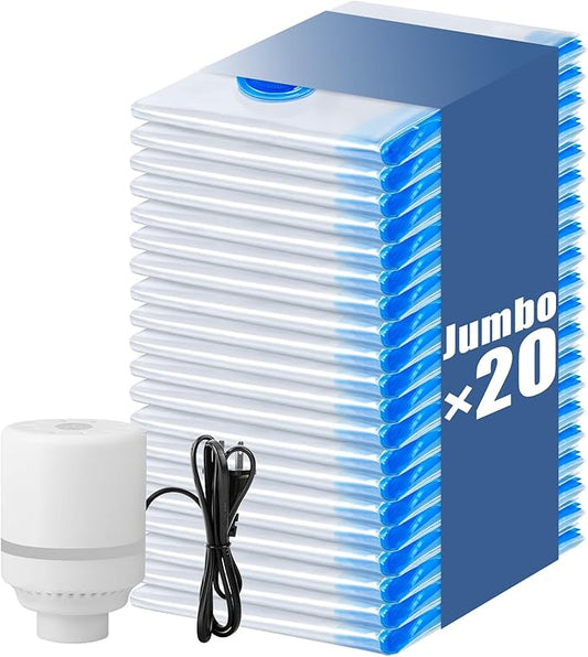 20 Jumbo Vacuum Storage Bags with Electric Pump, Vacuum Seal Bags for Clothing Space Saver Compression Storage Bag Large for Clothing Travel Comforters Blankets Pillows Bedding Duvets Clothes