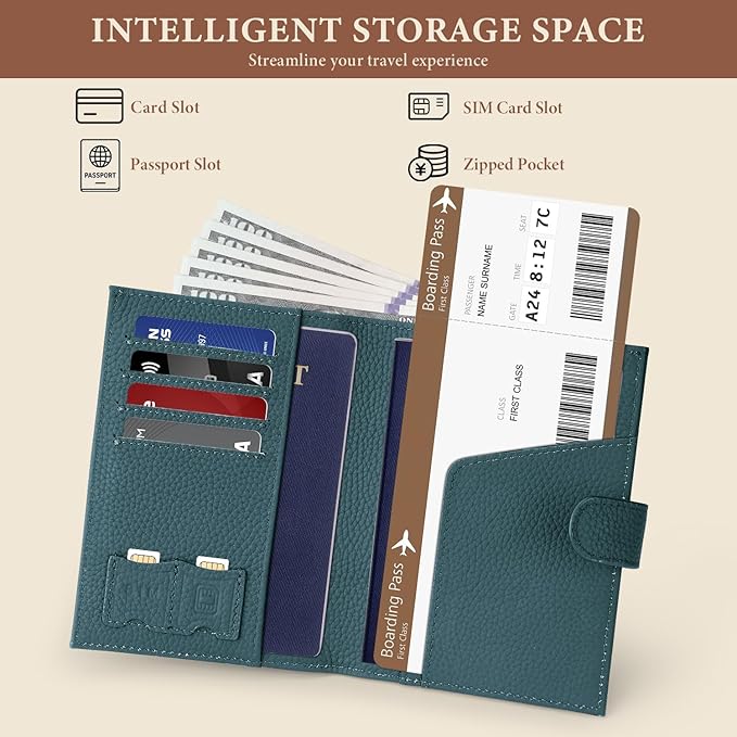 Genuine Leather Passport Holder for Women Men, Hidden Airtag Pocket, RFID Blocking, Zippered Coins Pocket & Cash Compartment Travel Gifts Essentials Passport Cover Case - Navy blue