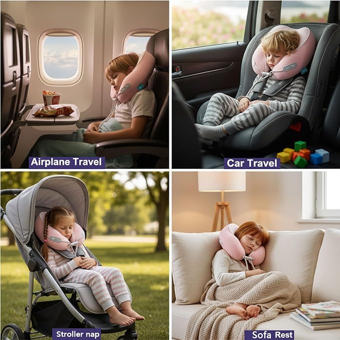 Kids Travel Pillow - Memory Foam Soft Airplane Neck Pillow for Head Neck Support,Compact Design with Hard Case,for Airplane,Car,Home Recliner,or Toddler Travel Support (Kids Pillow-Pink)