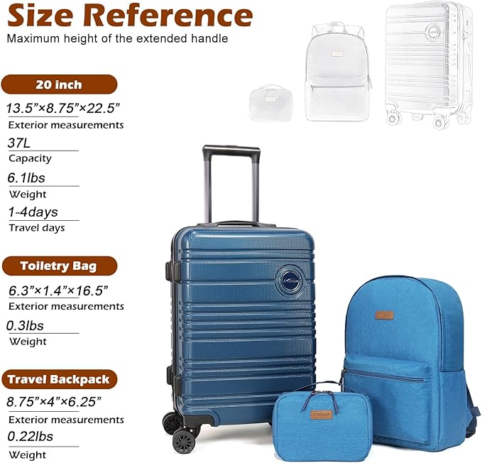 ABS+PC Carry on Luggage set with backpack 3 Pcs suitcace with Spinner wheels TSA Lock 20-In hardshell Lightweight Luggage set(Navy)