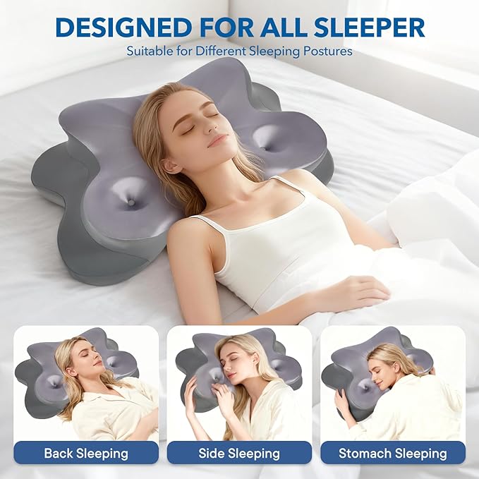 Cervical Pillow for Neck Pain Relief, Ergonomic Memory Foam Pillow with Ice Silk Pillowcase, Adjustable Contour Neck Support Pillow for Side Back Stomach Sleepers