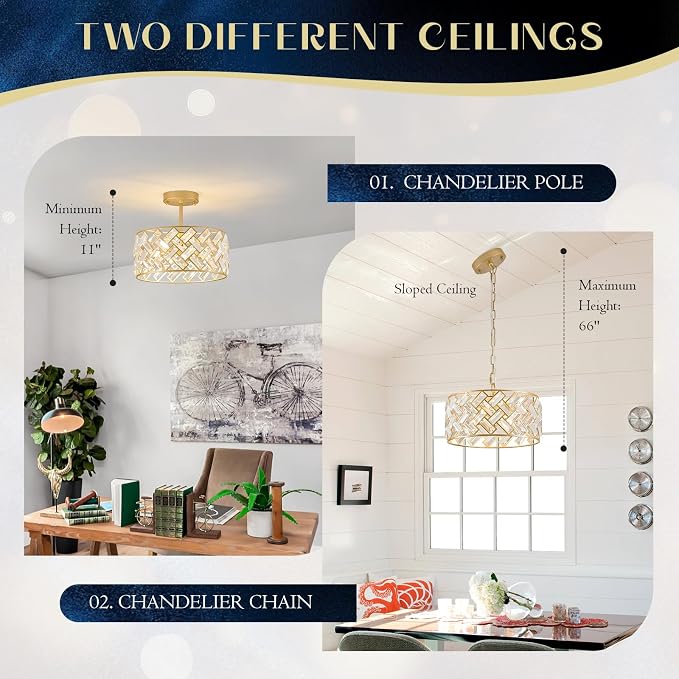 12" Gold Crystal Chandelier 4-Light Drum Semi Flush Mount | Gold crystal drum chandelier with 4 lights, cross-pattern K9 crystals and semi flush mount design for elegant interiors