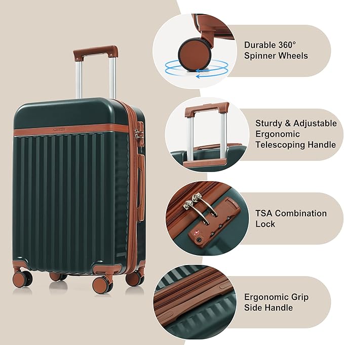 Hardshell Luggage, Lightweight Suitcase with Spinner Wheels, DARK GREEN+USB