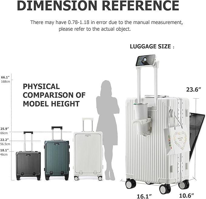 feilario Aluminium Frame PC Hard Shell Spinner Wheels Luggage,22.5"X15"X9.5" Airline Approved Built-In TSA lock Carry on Suitcase, with Cup Holder, USB Port, Phone Holder
