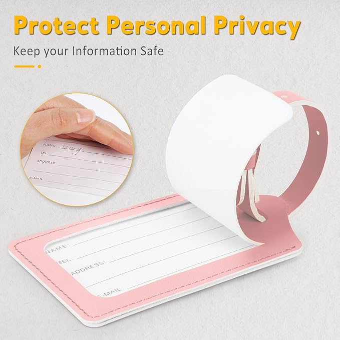 Travelambo Luggage Tags for Suitcases Faux Leather Privacy Protection 6 Pack Bag Tags Travel Accessories Essential, Light Pink
