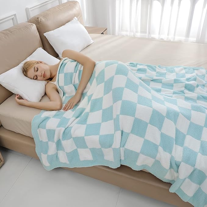 bearberry Fuzzy Checkerboard Grid Throw Blanket Soft Cozy Warm Microfiber All Season Blanket Decor for Couch Sofa Bed Travel Home (Baby Blue, 50''x60'')