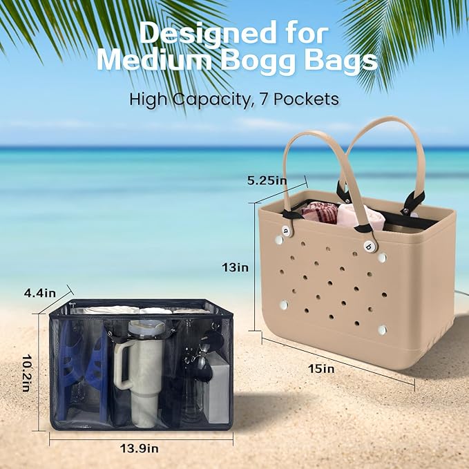 XYFuuee Beach Bag Organizer Inserts for Baby Medium Bogg Bag Accessories with 8 Removable Metal Fasteners, Lightweight Mesh Insert Divider Pouch, Organizing Rubber Tote, Save Storage Space, Black M