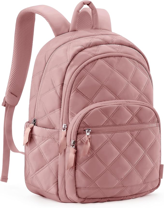 BAGSMART Travel Laptop Backpack, College Backpack for Women, Quilted Small Computer Bookbag, Water-Resistant 15.6 Inch Laptop Casual Bag, Dark Pink