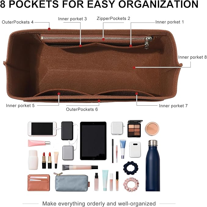 Doxo Backpack Organizer Insert for Longchamp Le Pliage L Backpack | Felt Material with 8 Compartments & YKK Zipper Pocket | Custom-Fit Longchamp Backpack Insert (LB, Gold Brown)
