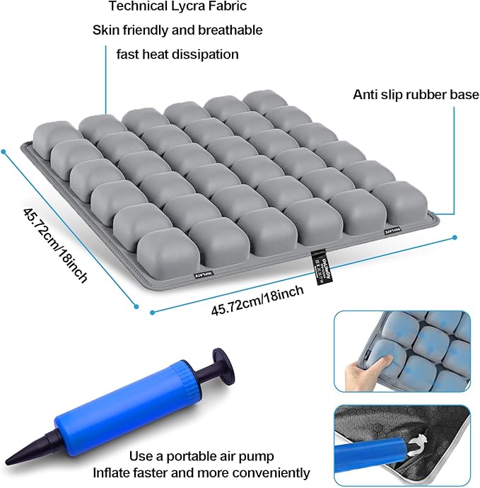 Grey Travel Seat Cushion – Portable Inflatable 3D Air Cell Seat Cushion for Long Flights, Car, Office, Wheelchair, Ergonomic Design for Tailbone Relief & Compact Support
