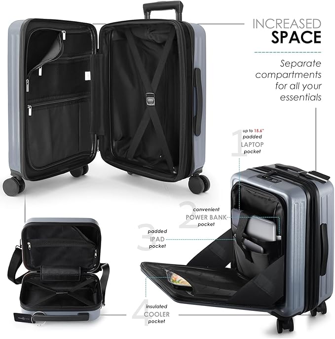 20 Inch Carry On Luggage 22x14x9 Airline Approved, Carry On Suitcase with Wheels, Hard-shell Carry-on Luggage, Durable Luggage Carry-On, Grey Small Suitcase with Cosmetic Case
