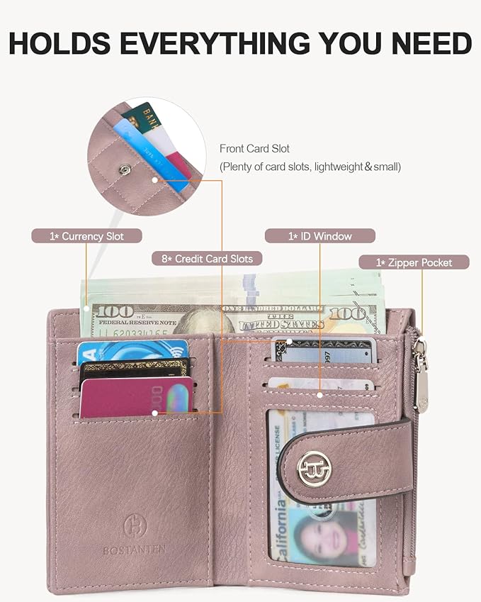 BOSTANTEN Small Wallet for Women Leather RFID Blocking Card Holder Bifold Compact Wallets With Zipper Coin Pocket Purple