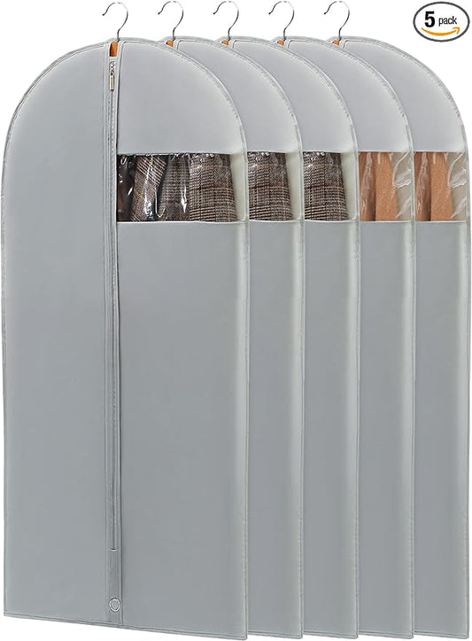 50" Garment Bag, Mens Suit Bags for Closet Storage and Travel, Garment Bags for Hanging Clothes, Foldable Suit Cover Bags with Clear Window for Coats, Jackets, Dresses - Gray/ 5 Packs