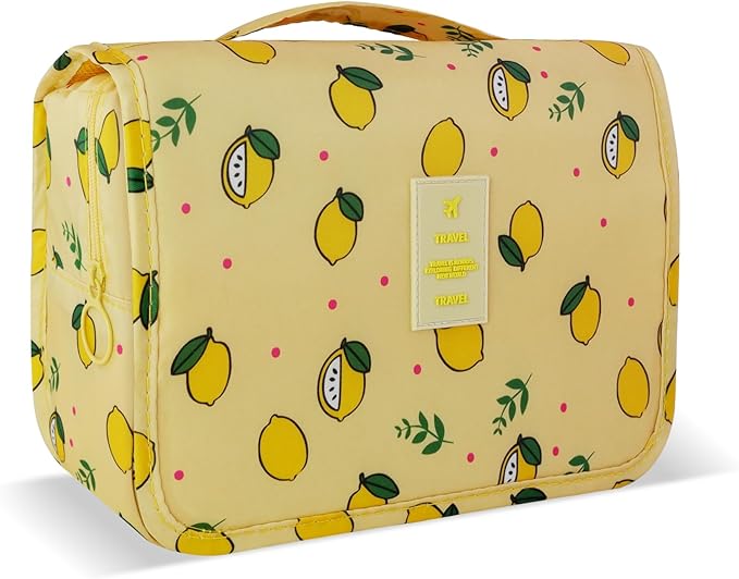 Large Capacity Toiletry Bag Travel Bag with Hanging Hook for Men and Women Waterproof Travel Cosmetic Bag Bathroom Storage Bag for Brushes Set,Full-Sized Shampoo,Accessories -Yellow Lemon
