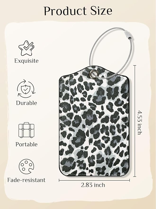 Seorsok 2 PCS Luggage Travel Tags for Suitcases,Cute Black Leopard PU Leather Name Tag with Privacy Cover&ID Label Address Card and Durable Metal Ring Suitable for Men Women Handbags Backpack,White
