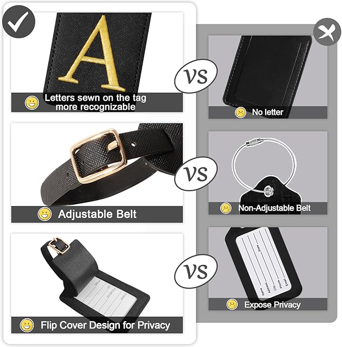 Initial Luggage Tags for Suitcases, Cute Embroidered Letter Luggage Bag Suitcase Identifier Name Baggage Tag, PU Leather Travel Luggage Tags, Bag Tags for Men Women Kids Luggage Handbags(Black A)
