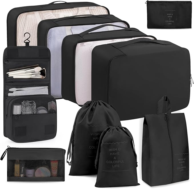 Packing Cubes 10 PCS, Mesh Breathable Luggage Organizers Bags, Packing Organizers, Durable Travel Essentials Bags Set, Travel Packing Organizers, Black