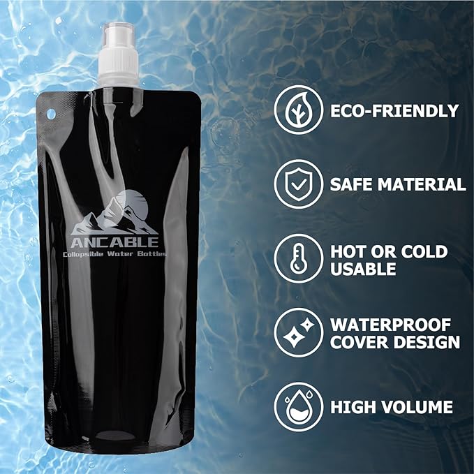 Ancable 17oz Collapsible Water Bottles, 3-Pack Reusable Travel Foldable Water Bottles for Hiking Camping Running Bike, BPA-Free Water Bottle