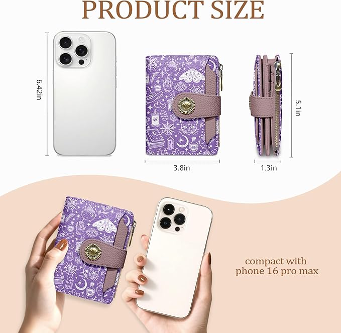 Icycay Goth Gothic Small Wallet Women RFID Blocking Bifold, Credit Card Holder, Zipper Coin Pocket, Witchy Magic, PU Leather, Compact, Travel, 4 ID Window, 14 Card Slots, Cash Purse, Ladies Woman