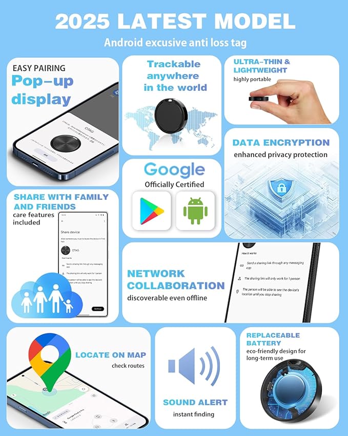 Air Tags for Android,Air Tags-1 Pack Android,Android Tracker Tags,2 Year Battery Life,Google Find Trackers for Google'S Find Hub App,IP65 Waterproof Luggage Tracker Android for Keys,Wallets,Luggage