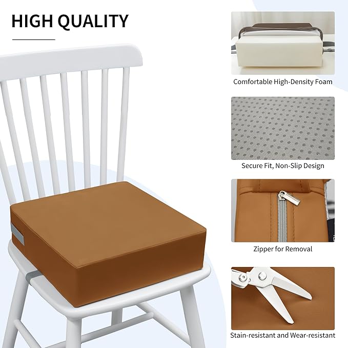 Toddler Booster Seat Dining Table Kitchen Chair, Waterproof Anti-Scratch PU Cushion, Non-Slip Bottom, Adjustable Buckle Straps, Easy Clean Portable Seat Cushion (Brown)