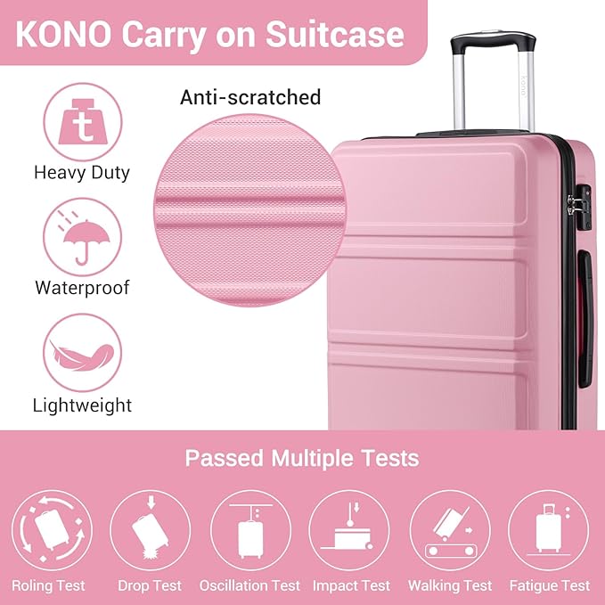 Kono 20" Carry on Luggage with Spinner Wheel TSA Lock, Lightweight PC+ABS Hardside Luggage Durable Small Carry on Suitcase Pink