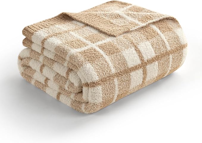 Snuggle Sac Buffalo Plaid Bedding Blanket Twin Size, Super Soft Cozy Warm Knit Decorative Blankets, Reversible Plaid Fluffy Throws for Bed, Beige Plaid, 60x80 Inches