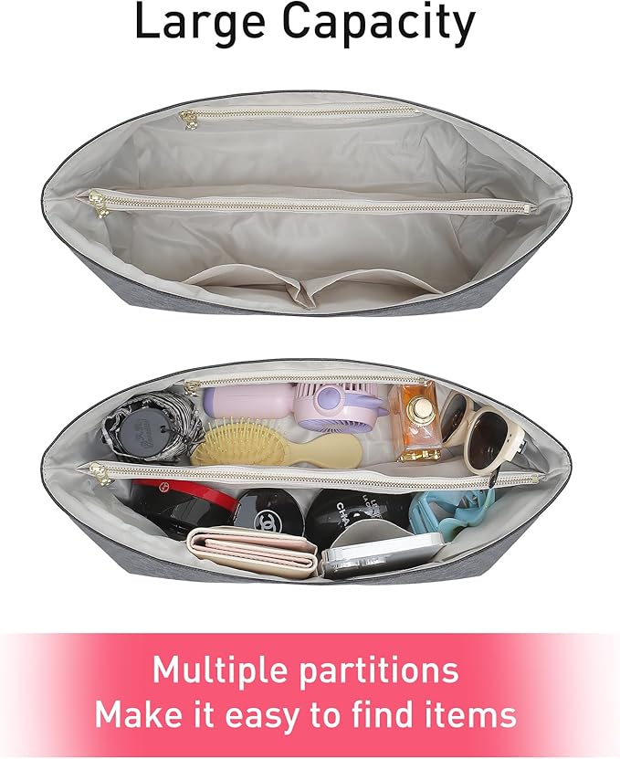 Doxo Purse Organizer Insert,Tote Bag Insert for Lv Neverfull MM,Long champ Le-pliage L and More,Bag Organizer Insert with Zipper(Large,Black-beige)