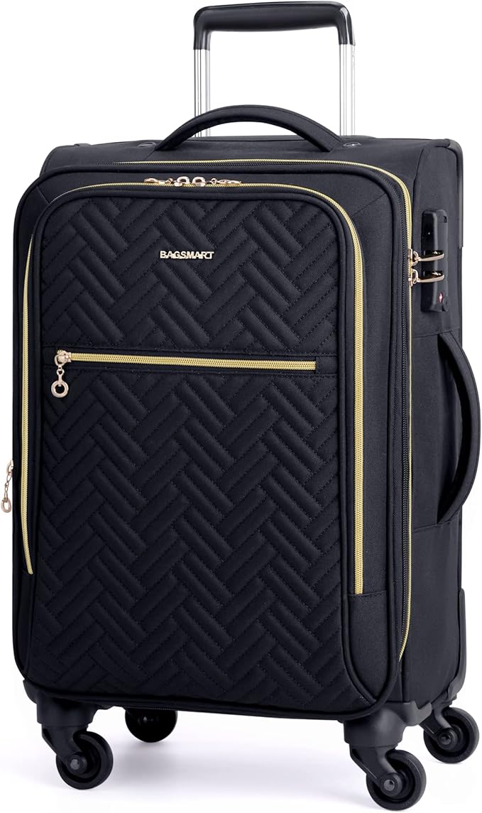 BAGSMART Carry On Luggage 20 Inch,Softside Expandable Suitcase with Spinner Wheels, Luggage 22x14x9 Airline Approved Rolling Lightweight Suitcases for Women Men, Compact Carry-On (Black)
