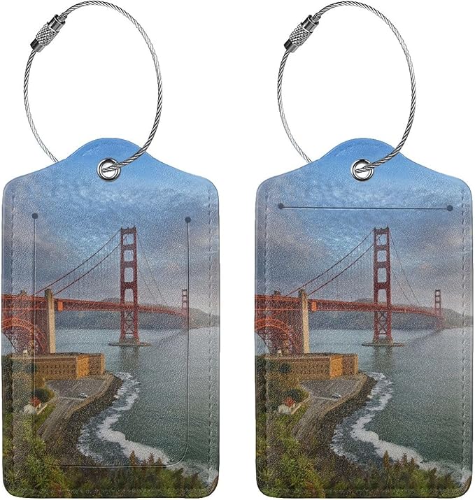 2 Pack Luggage Tags Golden Gate Bridge Travel PU Cute Leather Luggage Tag Name ID Labels with Privacy Cover Suitcases Women Men Girls Boys Fun Laggage Tags san Francisco Landscape (San Francisco)
